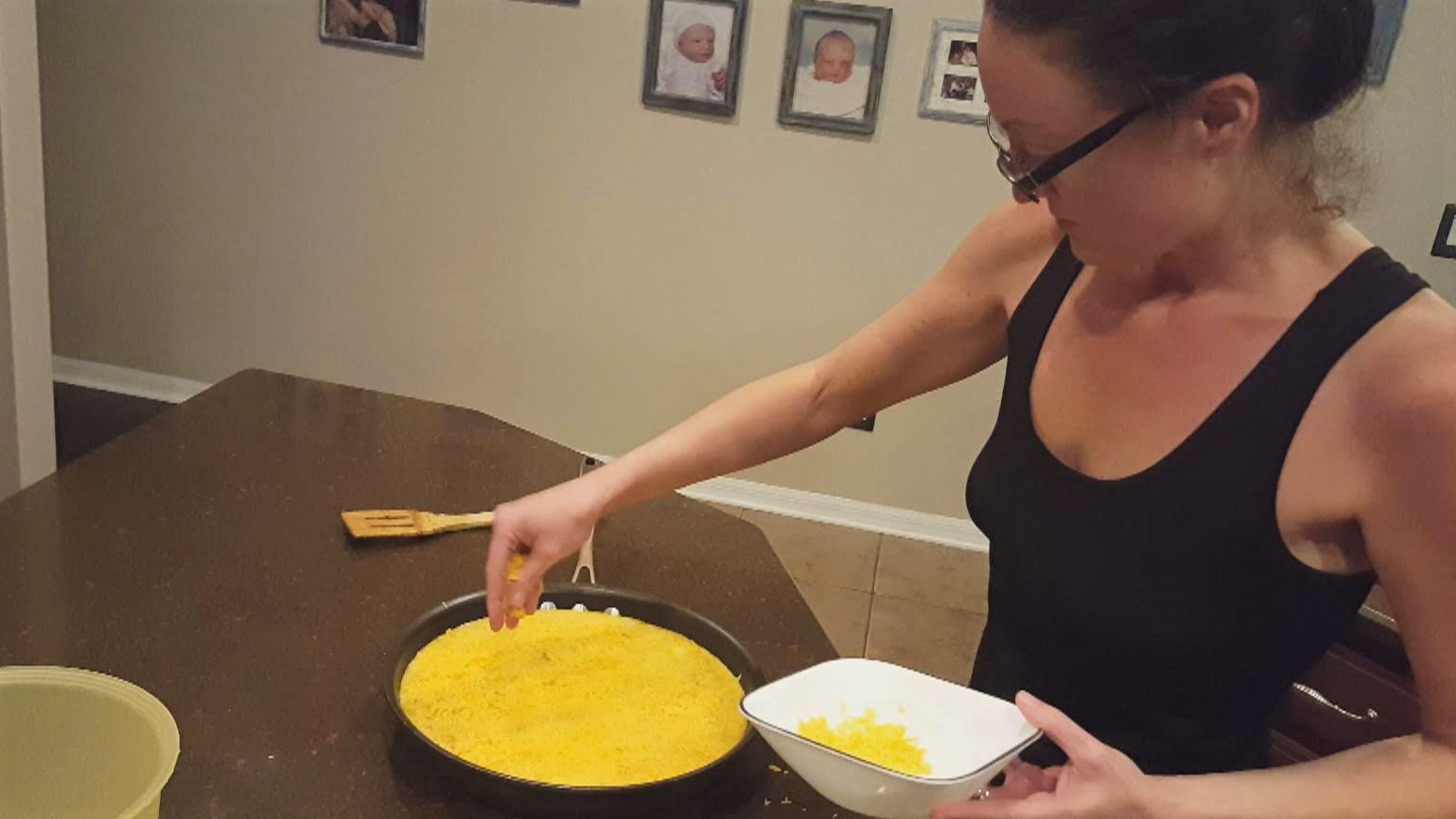 Me adding egg to the Frittata and sprinkling with Cheese! taco quiche