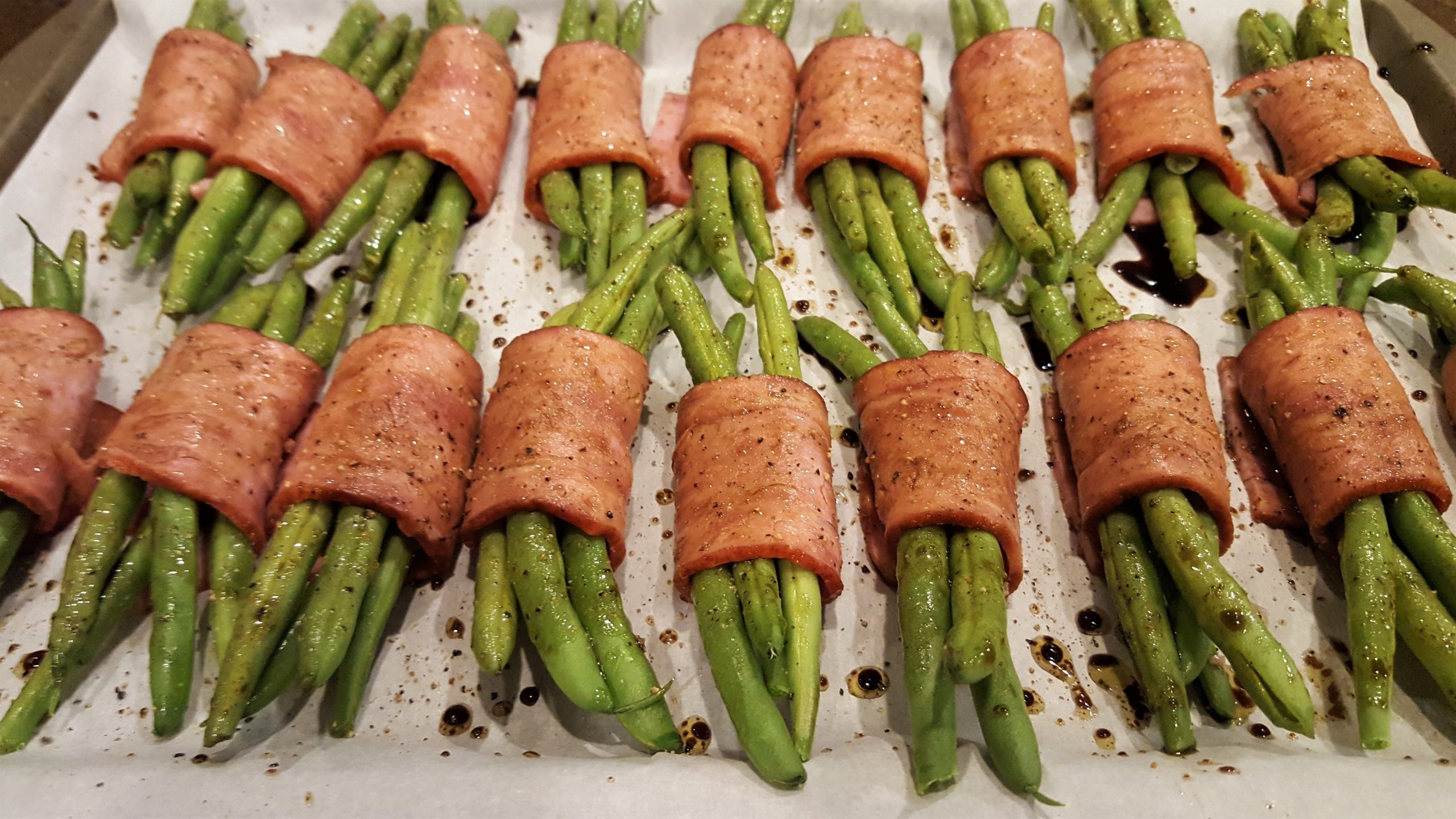 Bacon Wrapped Balsamic Green Beans before roasting - Dining in with Danielle