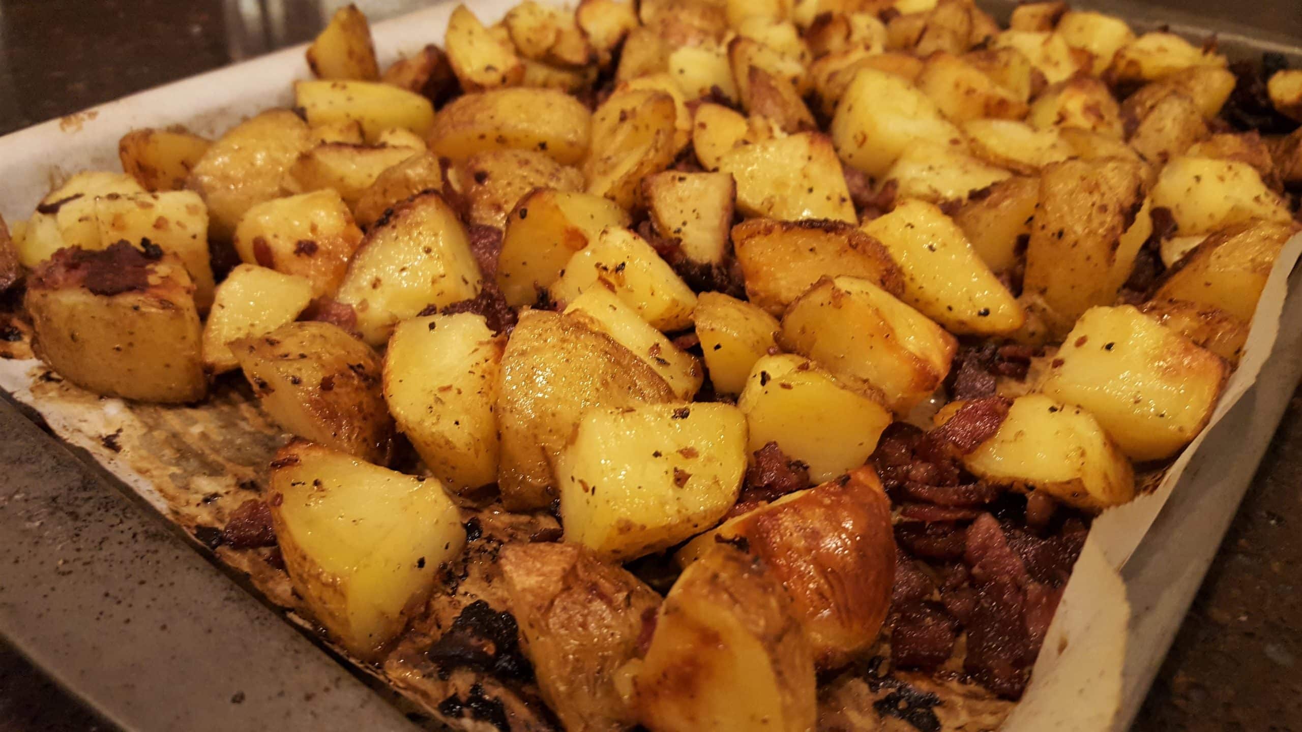 Delicious Roasted Garlic Potatoes Smothered with Turkey Bacon - Dining in with Danielle