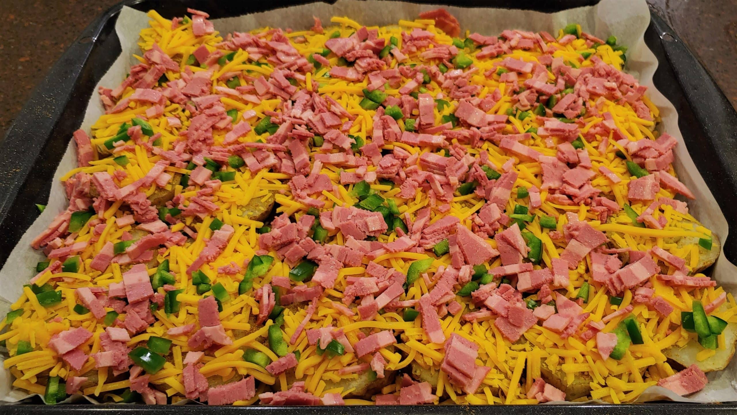Turkey Bacon Potato Nachos before Baking! Potato Nachos - Dining in with Danielle