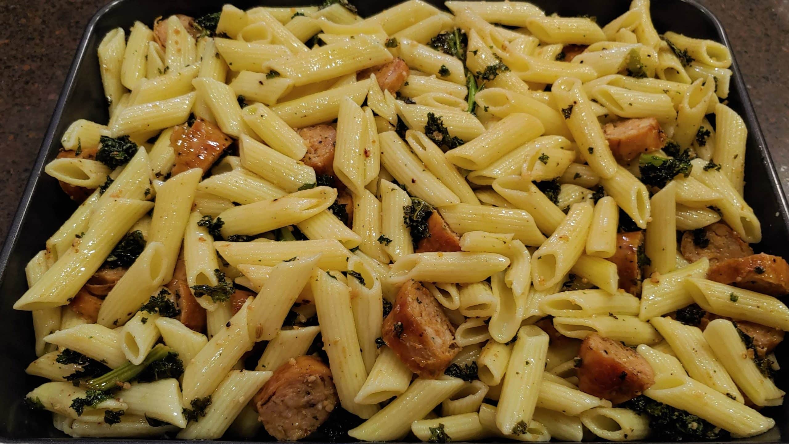 Roasted Chicken Sausage Kale Penne Pasta - Dining in with Danielle