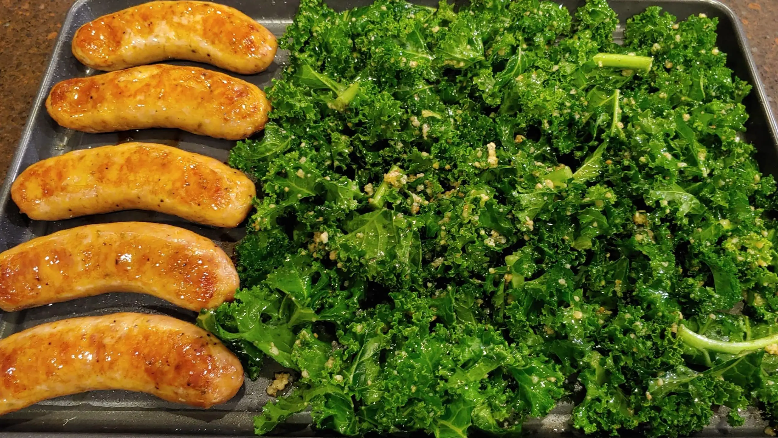 roasting kale and chicken sausages - Dining in with Danielle