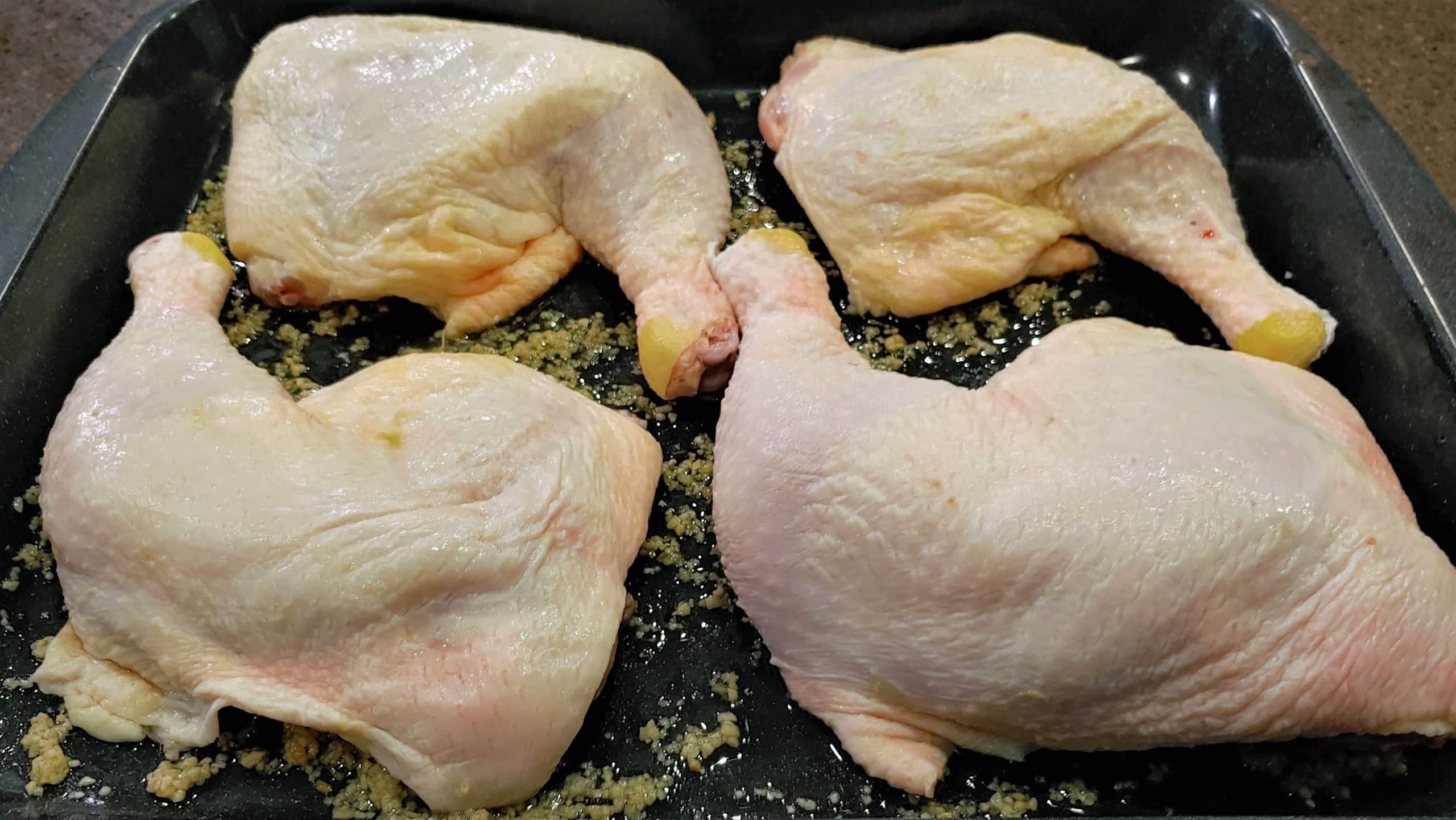 Garlic and Olive Oil on bottom of pan for loads of flavor! Roasted Chicken - Dining in with Danielle