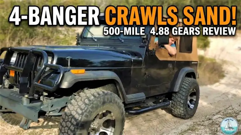 Jeep YJ 4-cylinder crawling up a steep sand hill in 4-Low to test 4.88 gear torque and performance.