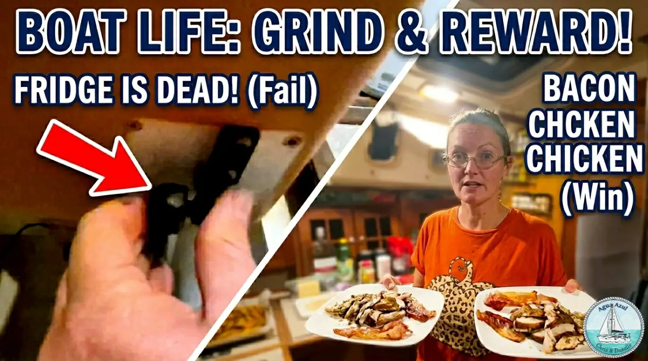 Chris fixing sailboat fridge hydraulic strut and Danielle holding Ho Maid Chef Bacon Chicken Ranch sandwich Chris fixing sailboat fridge hydraulic strut and Danielle holding Ho Maid Chef Bacon Chicken Ranch sandwich